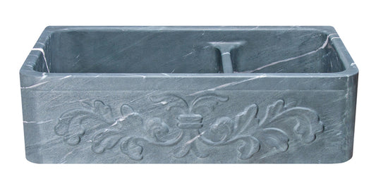 36" Farmhouse Charcoal Soapstone 60/40 Bowl Kitchen Sink with Floral Carving Front