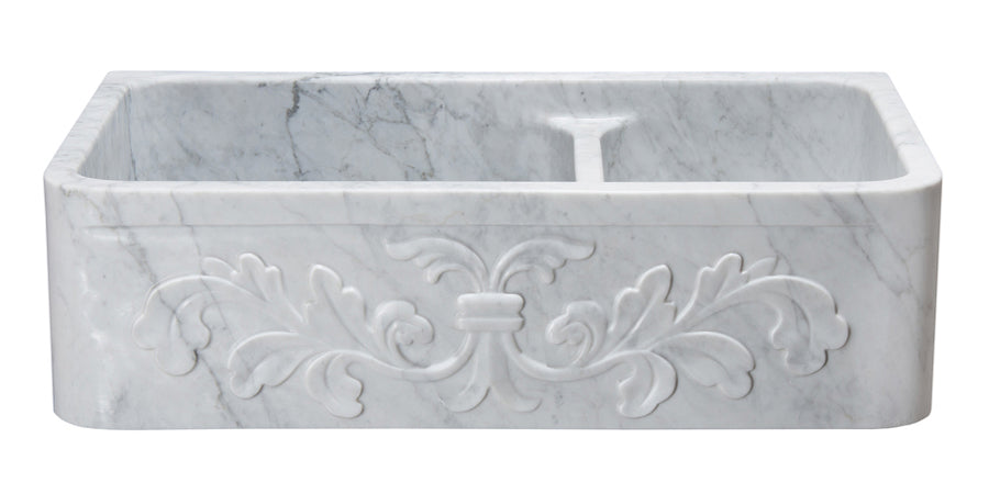 36" White Carrara Marble Floral Carved Front Farmhouse Sink 60/40 Bowl