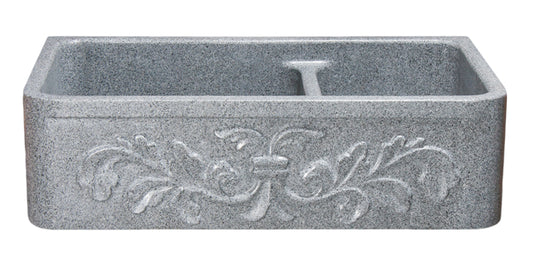 36″Grey Granite 60/40 Farmhouse Sink with Floral Carving Front