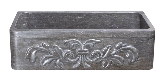 36" Smoke Brown Limestone Floral Carved Front Farmhouse Sink
