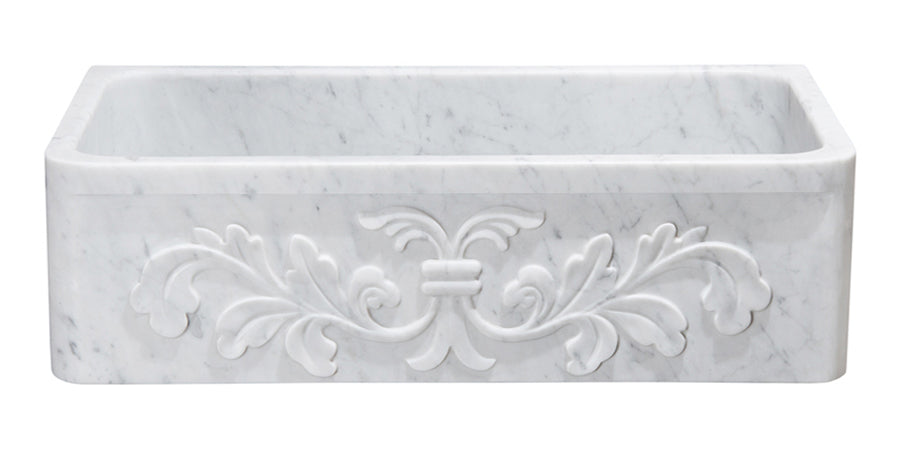 36" White Carrara Marble Floral Front Farmhouse Sink