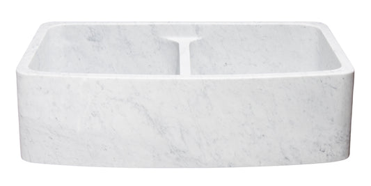 36" Double Bowl Curved Front Carrara Marble Farmhouse Sink