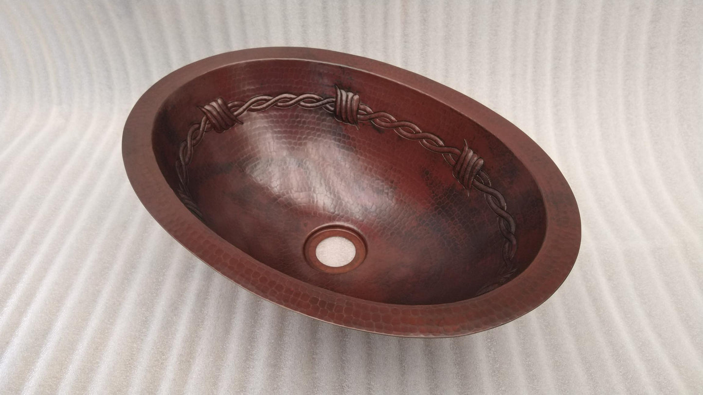 Oval Copper Sink with Barbwire Design