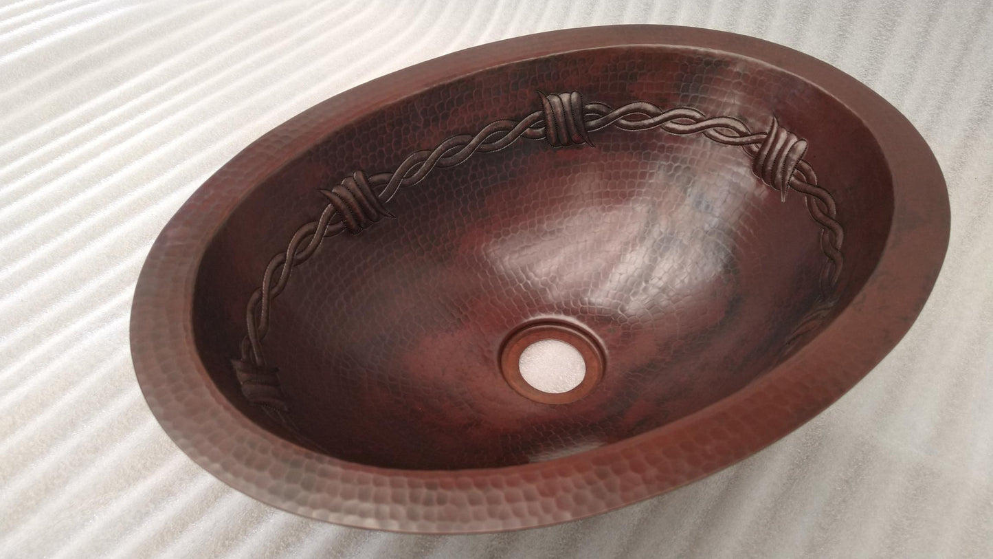 Oval Copper Sink with Barbwire Design