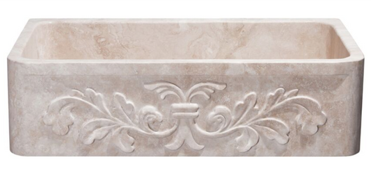 36" Travertine Stone Farmhouse Sink with Floral Carved Front