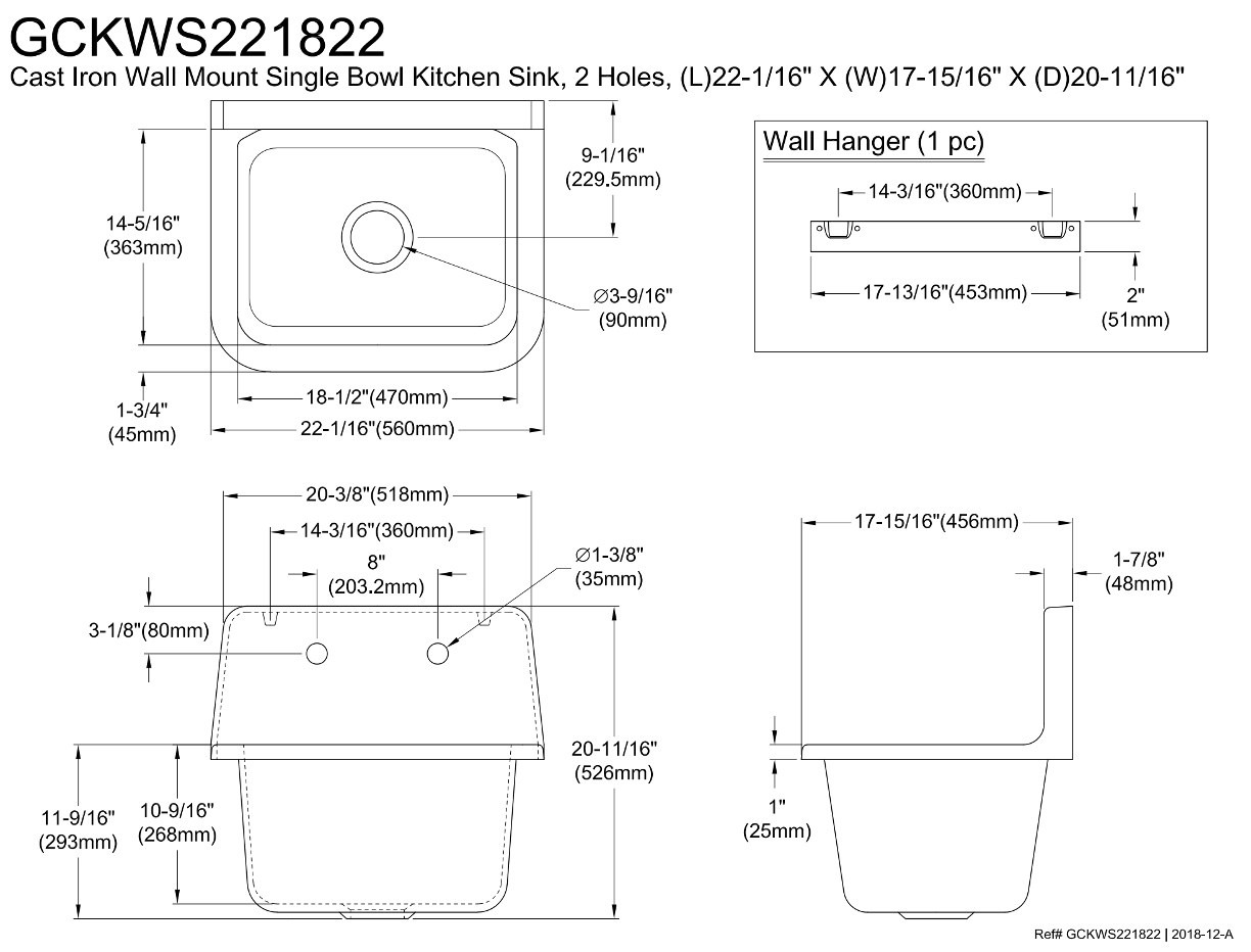 22" Cast Iron Wall Mount Sink