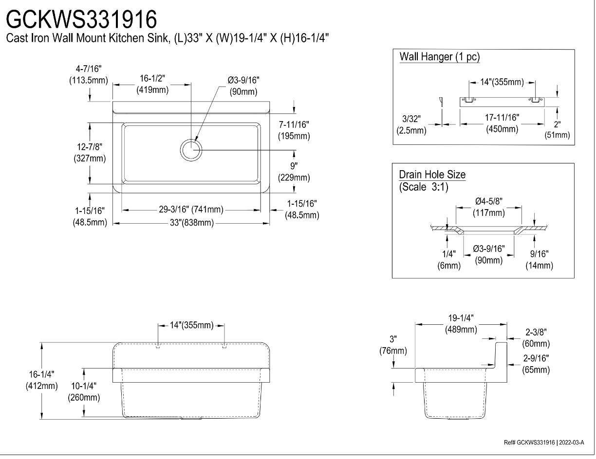 33" Cast Iron White Wall Mount Sink