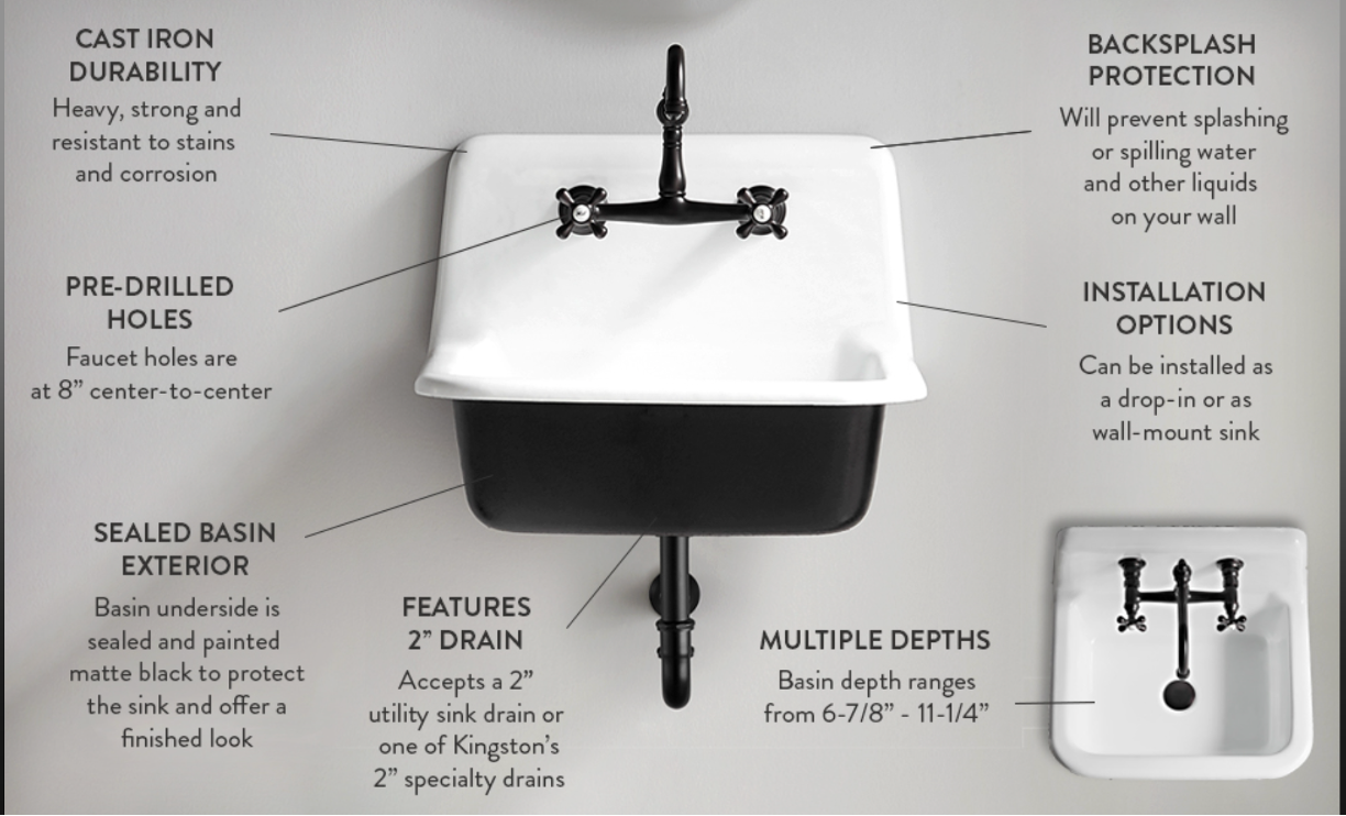 36" Cast Iron White Wall Mount Sink with 2 Faucet Holes