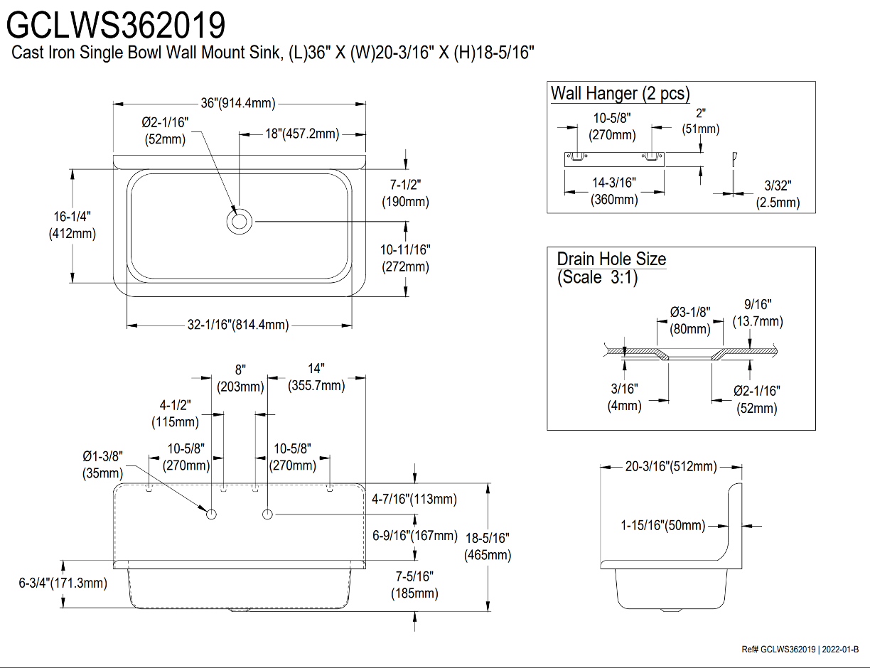 36" Cast Iron White Wall Mount Sink with 2 Faucet Holes