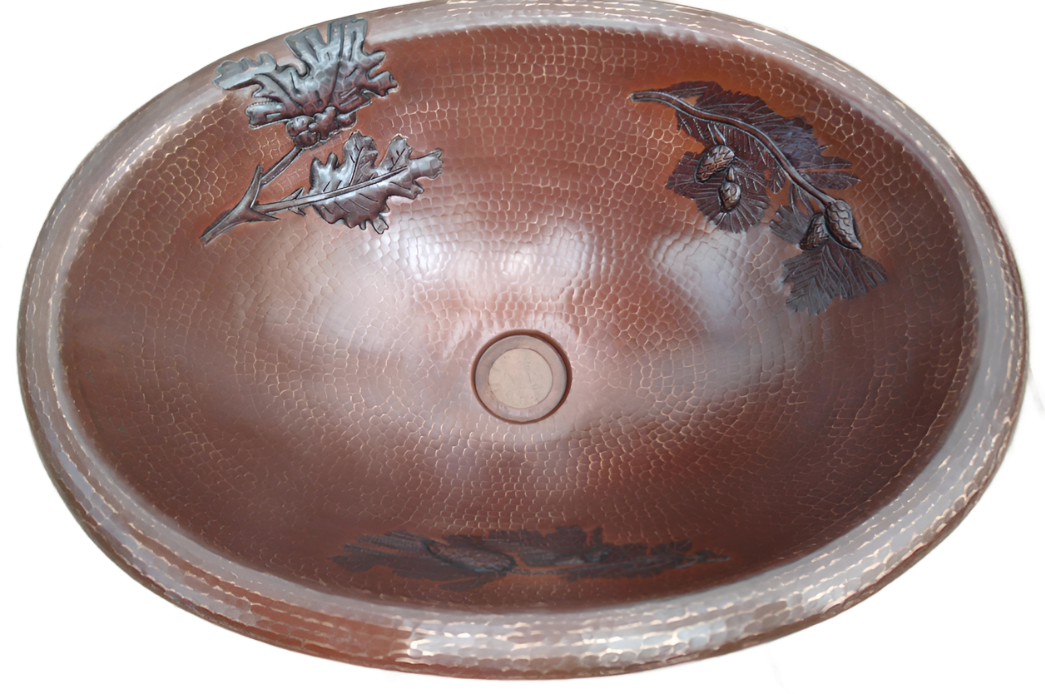 Rounded Edge Oval Copper Sink with Branch Pinecones Design