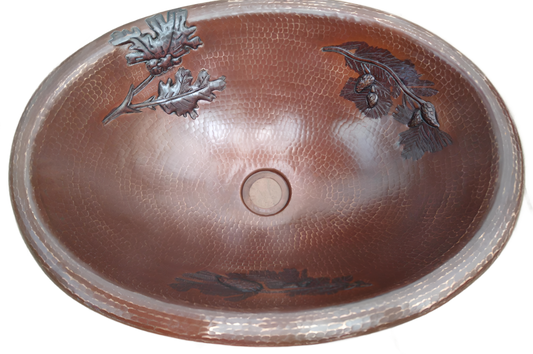 Rounded Edge Oval Copper Sink with Branch Pinecones Design