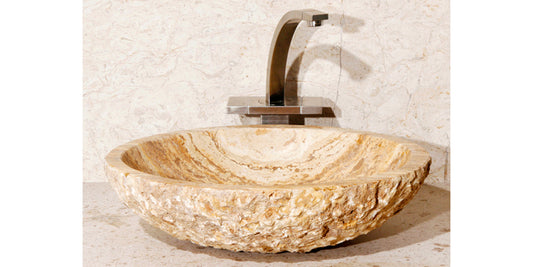18" Oval Gold Travertine Vessel Sink with Chiseled Exterior
